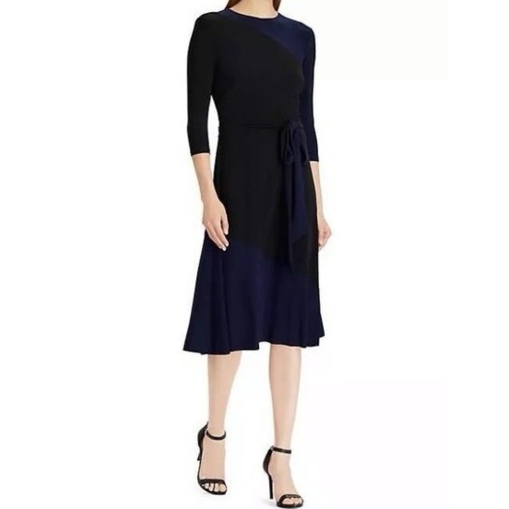 Lauren Ralph Laure Belted Colorblock Maxi Dress Womens Size 8 Slinky Old Money